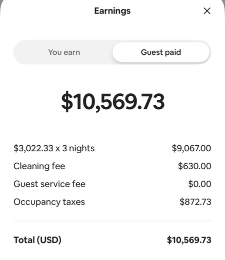 Airbnb earnings screenshot showing $10,569.73 for a 3-night stay at $3,022.33 per night